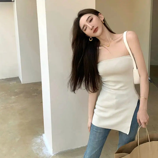 Straight Neck Backless Slim Hem Tank Top for Women