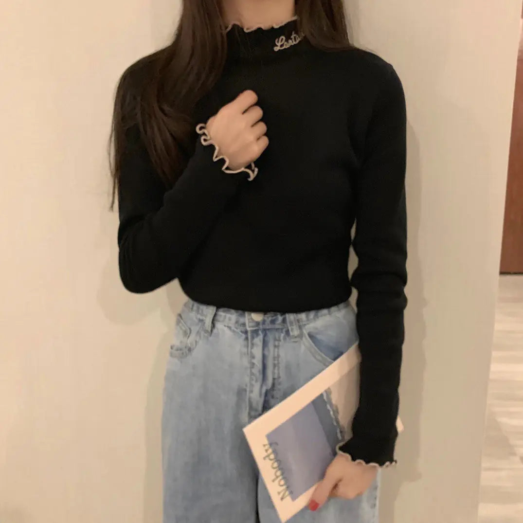 Korean Style Thick High Neck Embroidered Knit Top