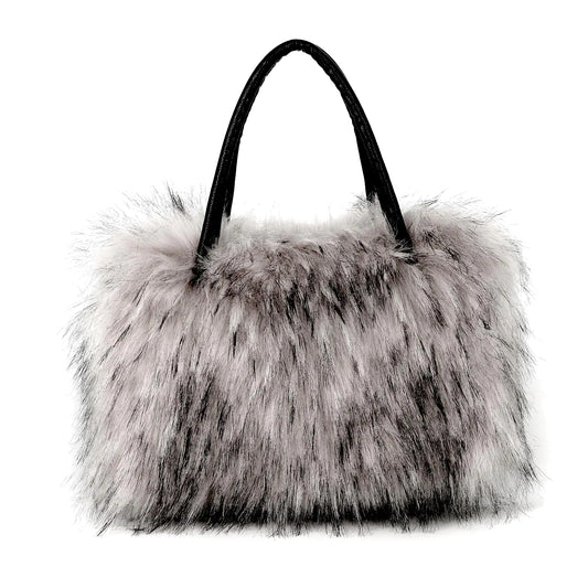 Womens Shoulder Handbags Faux Fur Tote Bag Fluffy Satchel Handbags for Women Mom Friends Bridesmaids (grey)
