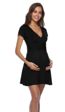 Deep V-Neck Short Sleeve Maternity Dress