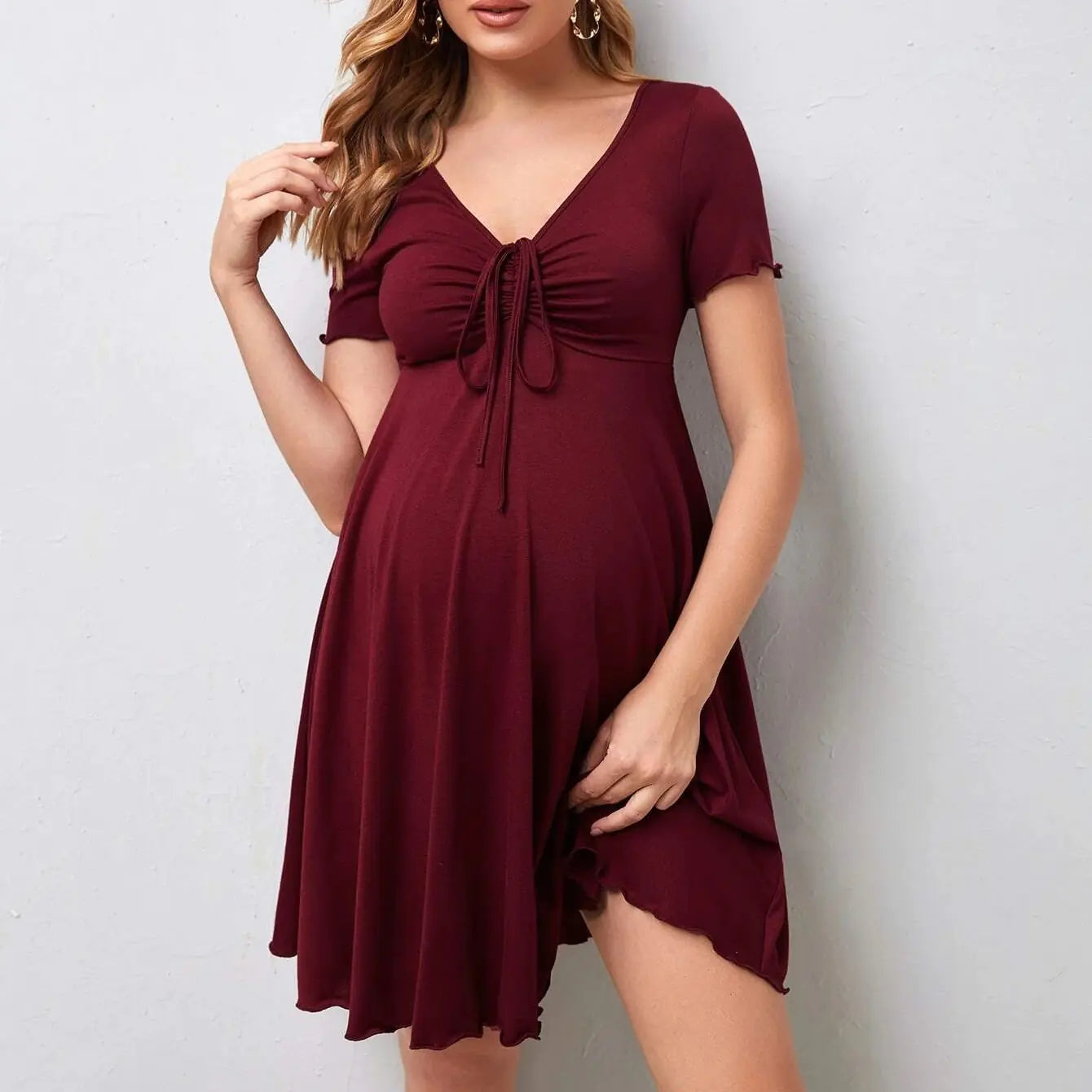 Maternity V-Neck Dress with Drawstring Decoration