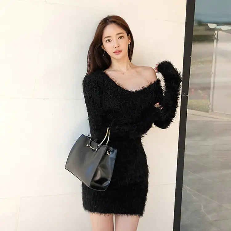 V-neck Thickened Elastic Sweater Dress for Fall/Winter