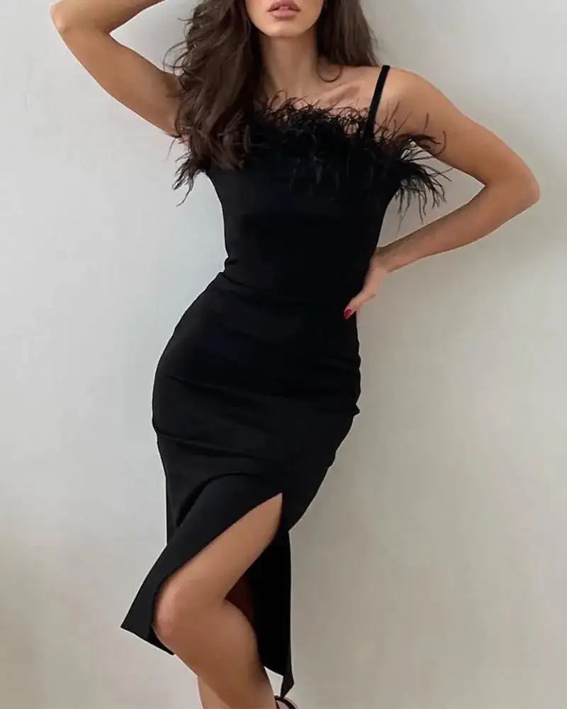 Sling Feather Trim High Slit Slim Fit Party Dress