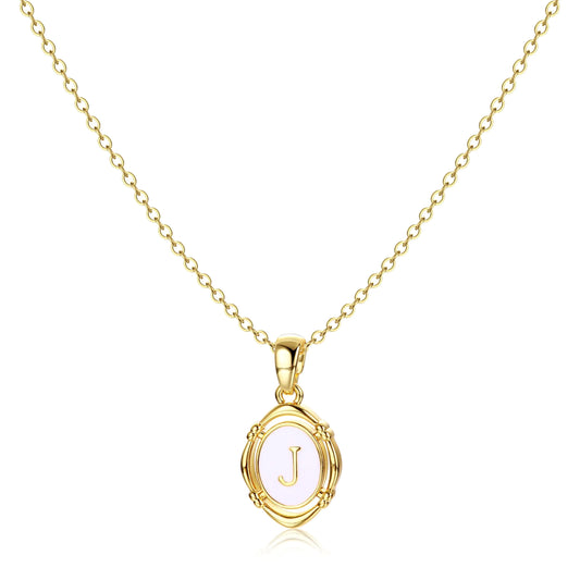 Krfy Gold Initial J Necklaces for Women - Dainty Charm Necklaces 14K Gold Plated Oval Letter White Enamel Personalized Name Necklaces for Women Trendy Gold Necklace Jewelry