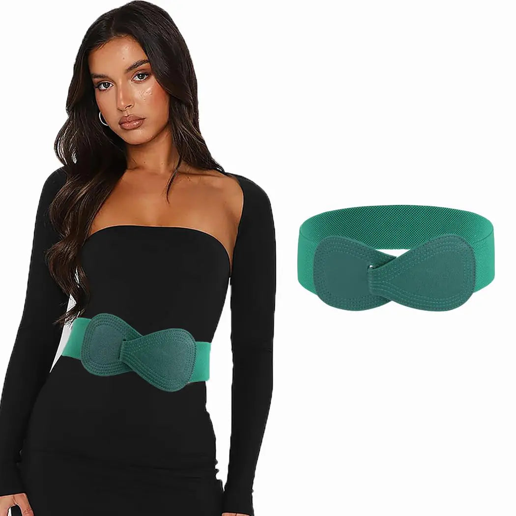 Auwoyss Women Leather Belt Stretch Bow Dresses Belt Elastic Vintage Waist Belt Buckle for Women and Girls (Green M(31"-37"))