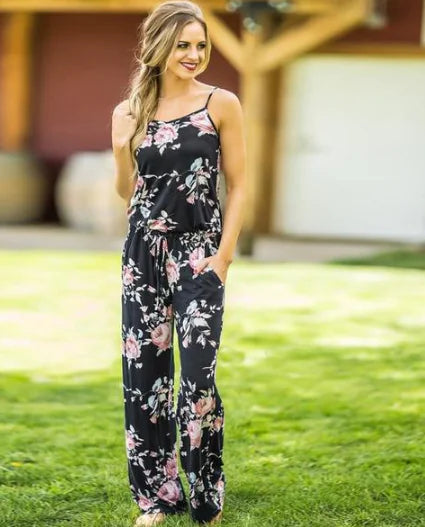 Floral Jumpsuit, Loose Fit Long Pants, Strap Jumpsuit