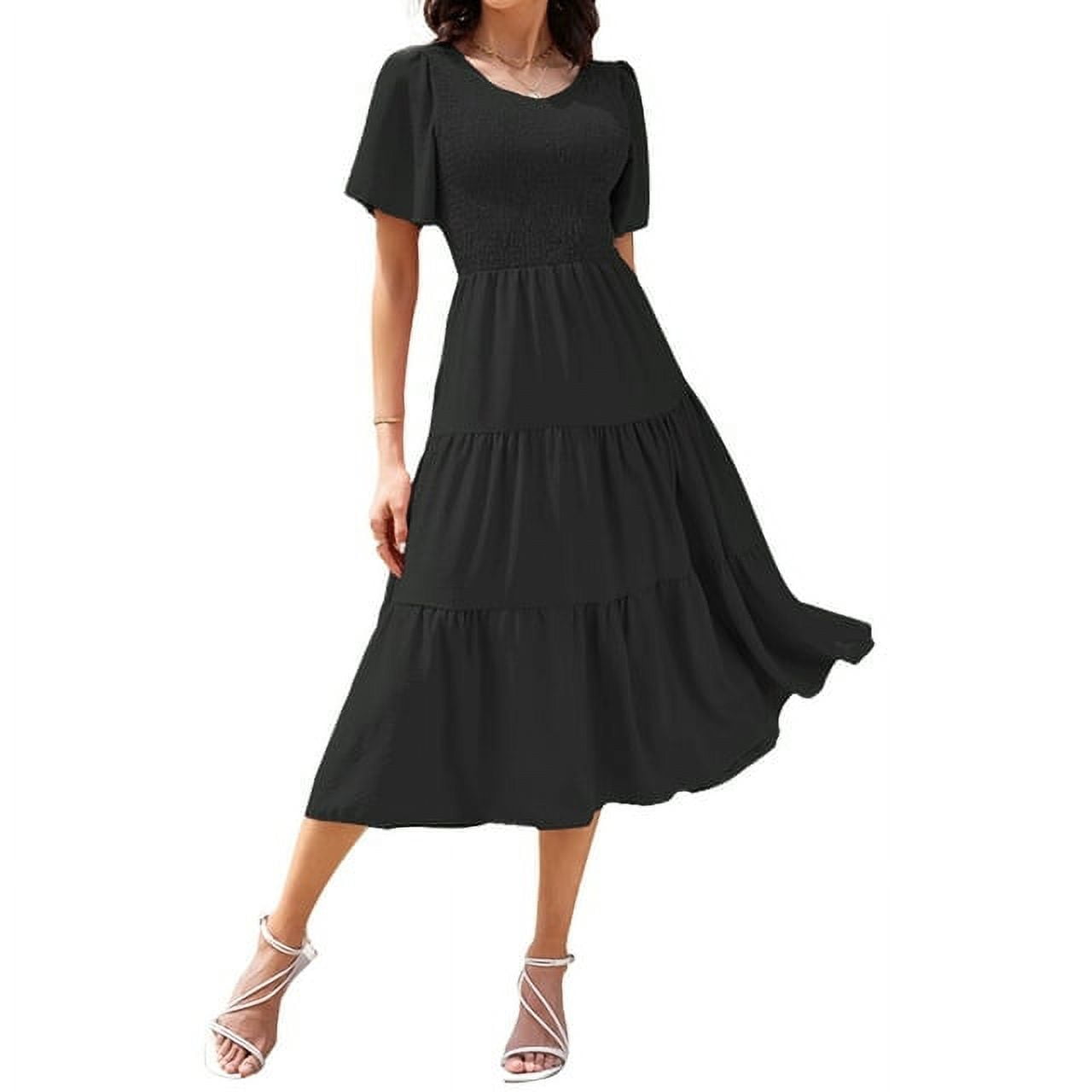 Women Summer Midi V-Neck Dress (Navy Blue, S)