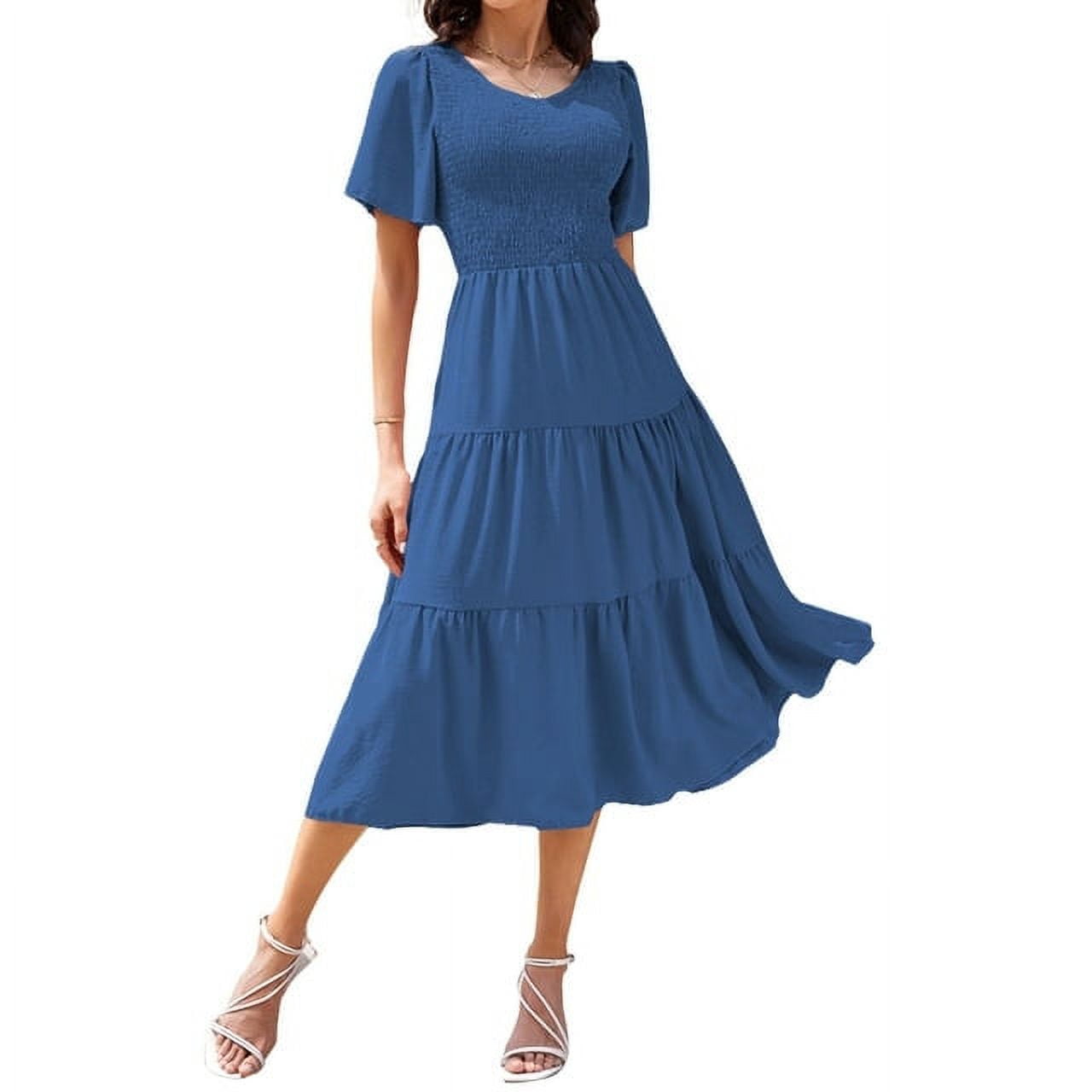 Women Summer Midi V-Neck Dress (Navy Blue, S)