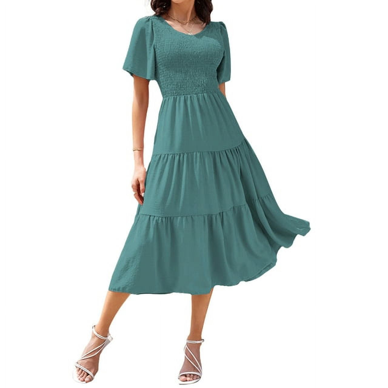 Women Summer Midi V-Neck Dress (Navy Blue, S)