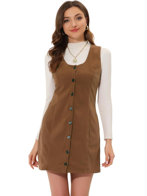 Allegra K Corduroy Overall Dress for Womens Scoop Neck Sleeveless Button Down Casual Pinafore Dresses Small Brown