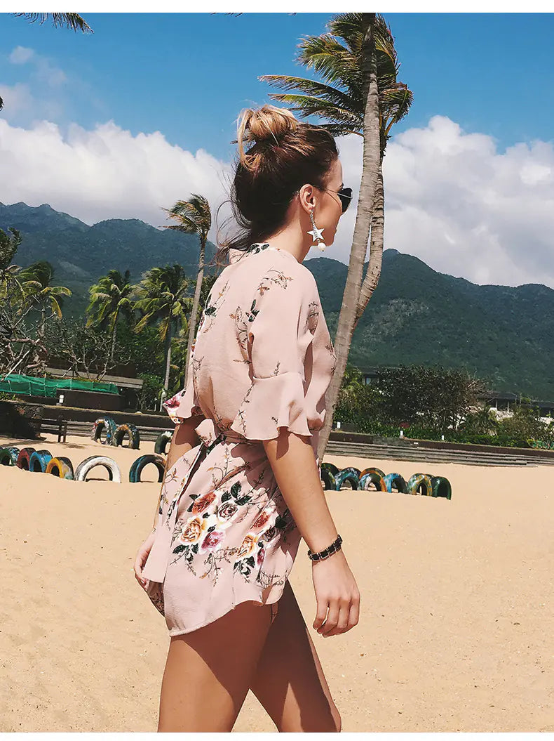 Bohemian V-Neck Ruffled Sleeve Print Jumpsuit Dress