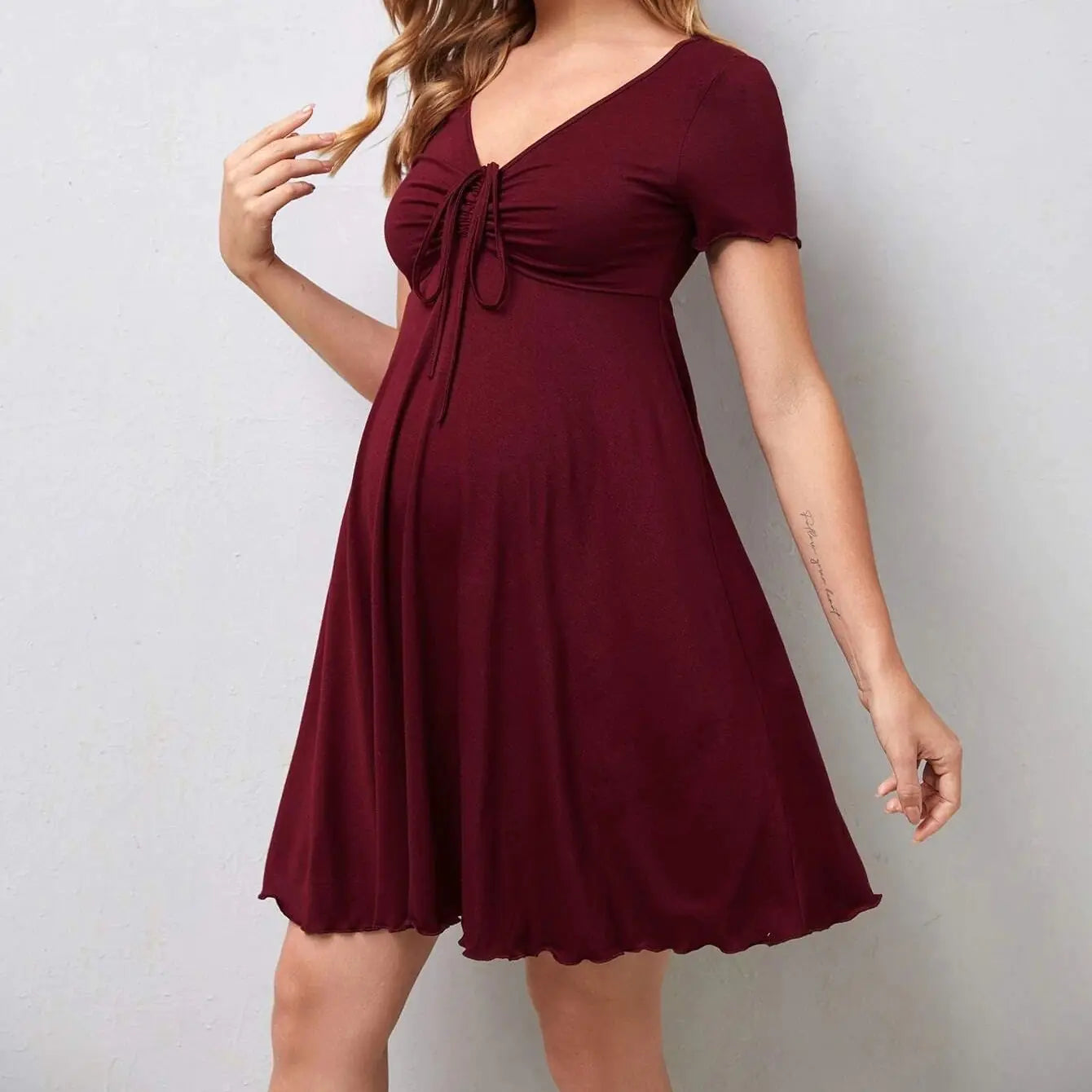 Maternity V-Neck Dress with Drawstring Decoration