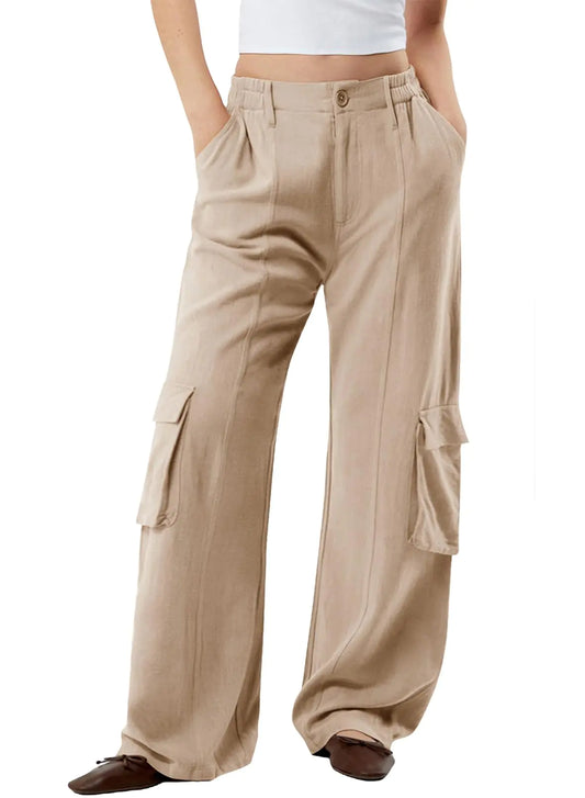 Dokotoo Dressy Casual Pants for Women Straight Leg High Waist Stretch Palazzo Pants Womens Linen Pants with 4 Pockets Womens Fashion Flowy Pants Pocket