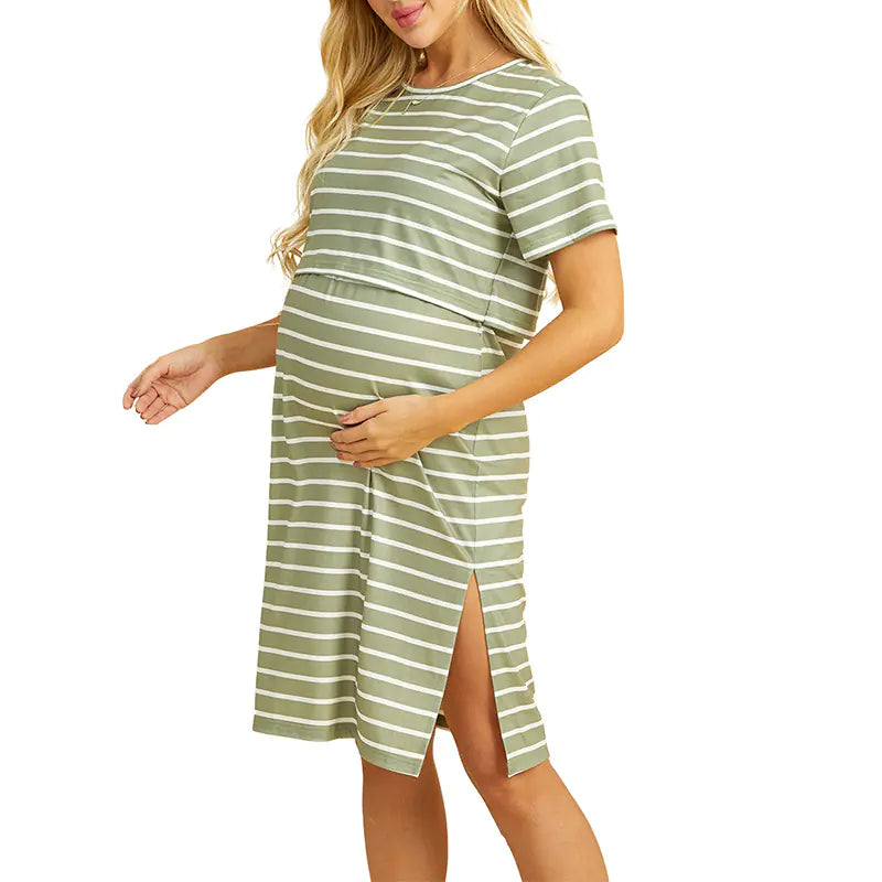 Maternity Nursing Short Sleeve Striped Summer Dress