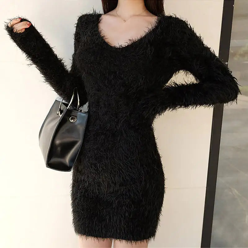 V-neck Thickened Elastic Sweater Dress for Fall/Winter