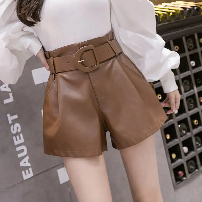 High Waist Wide Leg Leather Shorts for Women