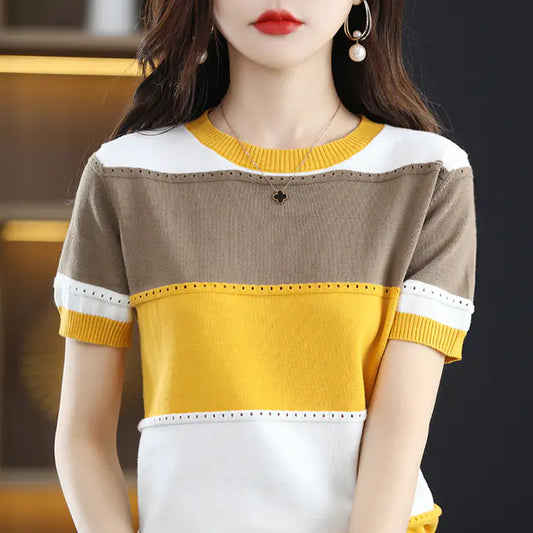 Cotton Contrast Panel Casual Knit T-Shirt for Women