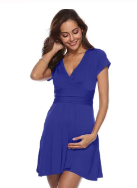 Deep V-Neck Short Sleeve Maternity Dress
