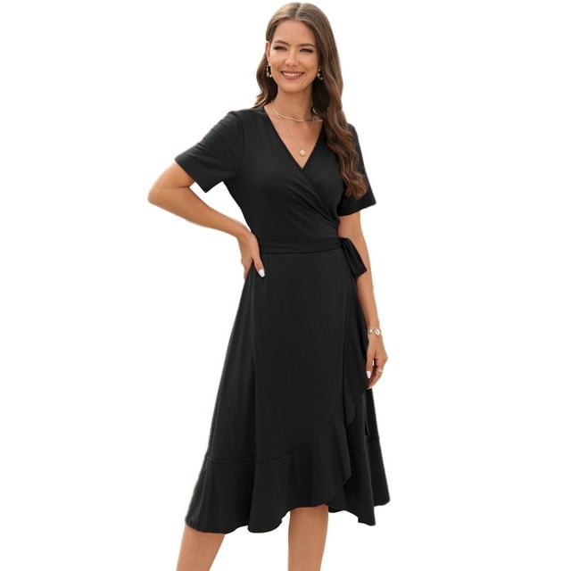 Women Summer Midi V-Neck Dress (Navy Blue, S)