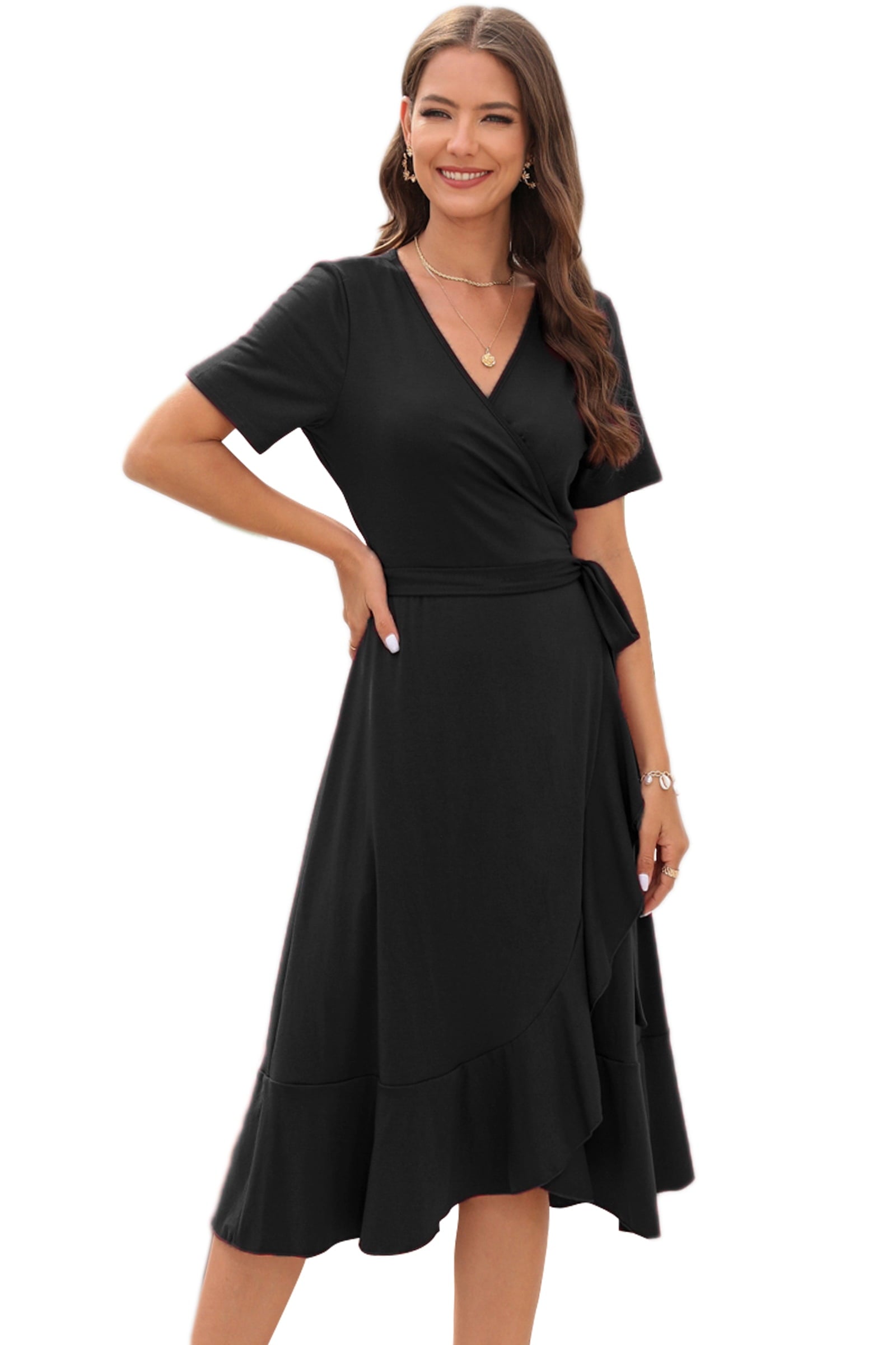 Women Summer Midi V-Neck Dress (Navy Blue, S)