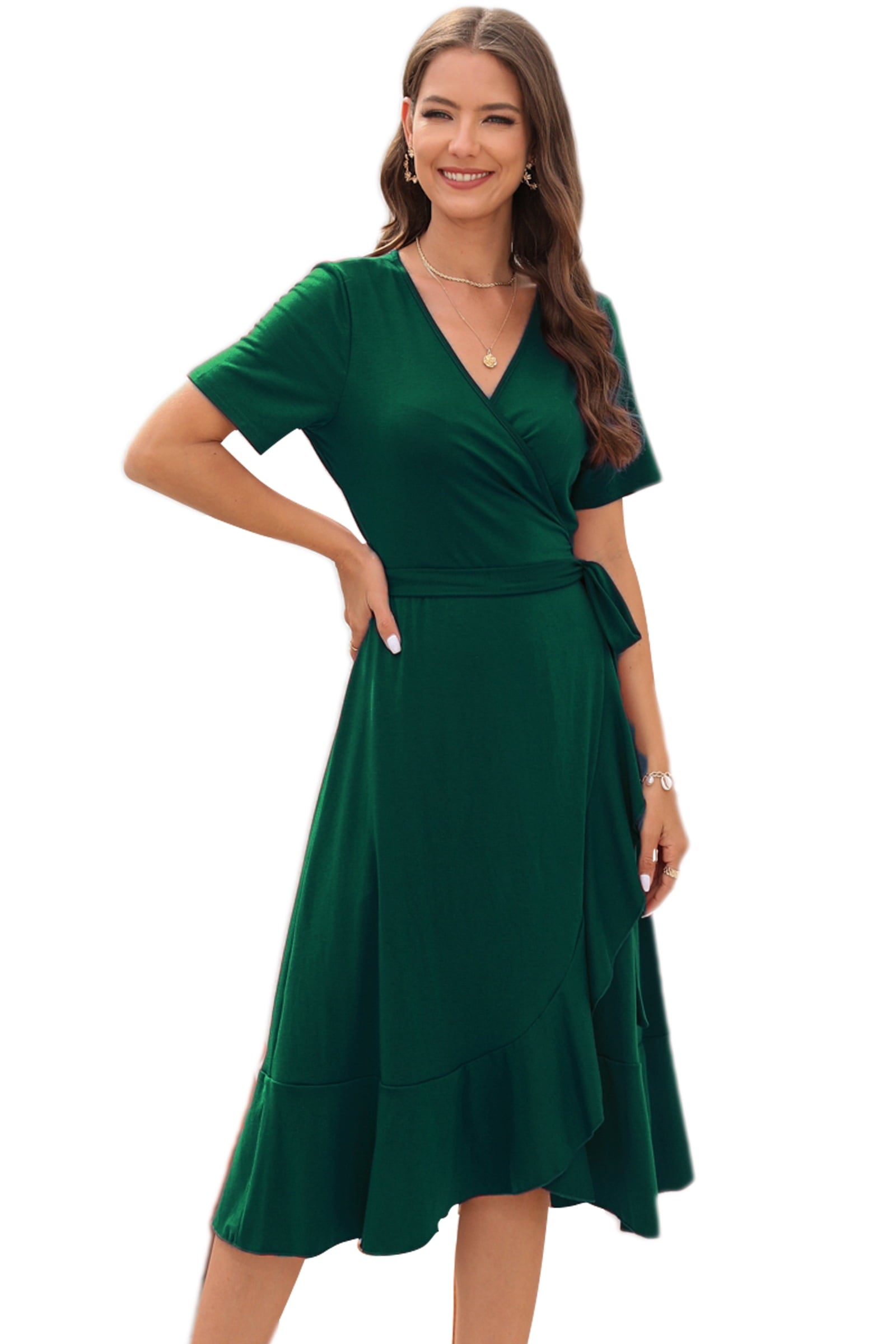 Women Summer Midi V-Neck Dress (Navy Blue, S)
