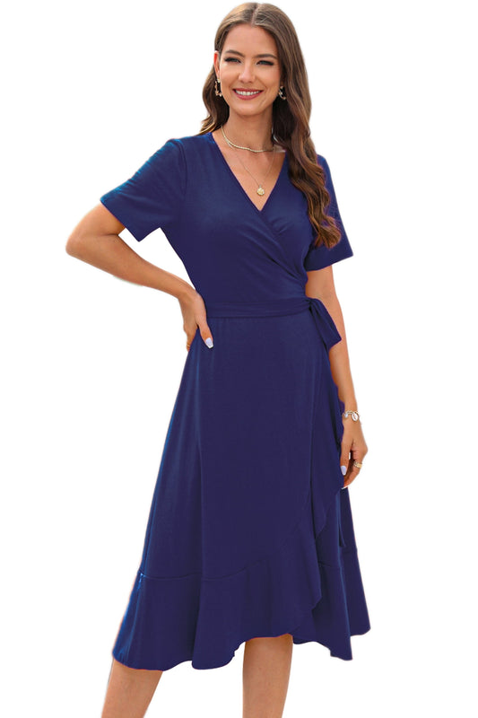 Women Summer Midi V-Neck Dress (Navy Blue, S)