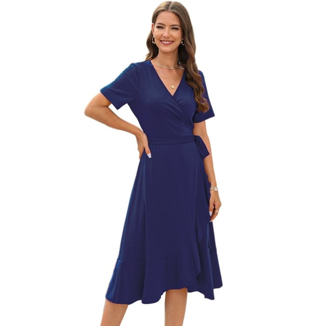 Women Summer Midi V-Neck Dress (Navy Blue, S)