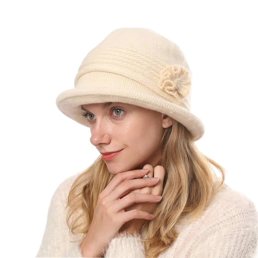 ZffXH Womens Cloche Hat Winter Knit 1920 Vintage Beanie Cap Bowler Church Bucket Dress Felt for Women Ladies Seniors Beige
