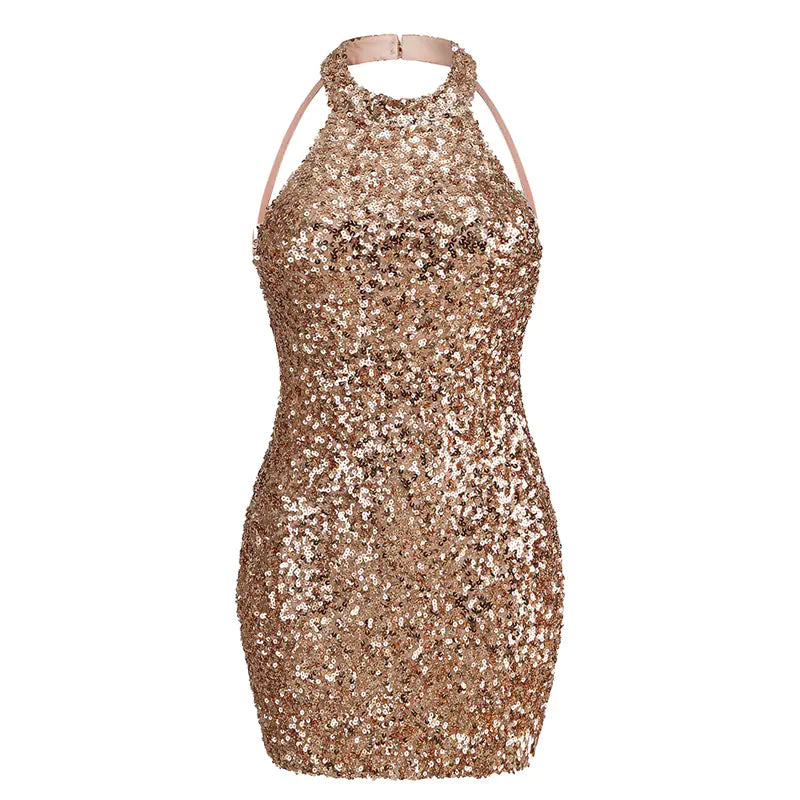 Backless Halter Sequined Mini Skirt Party Dress