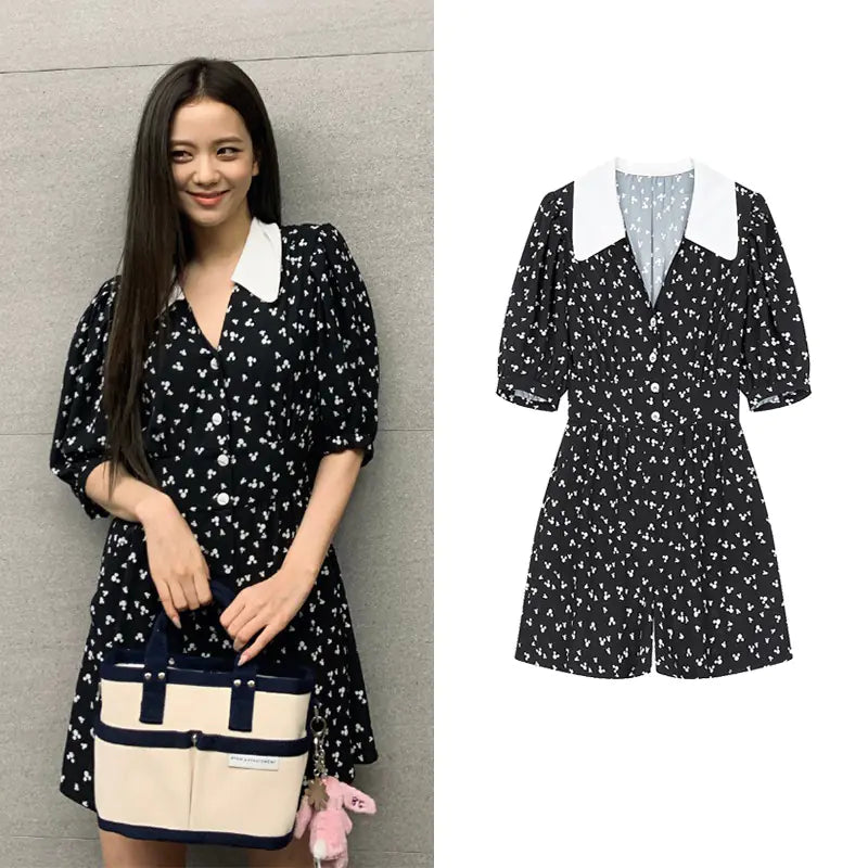 Jisoo-Inspired Black Floral High-Waist Jumpsuit Dress