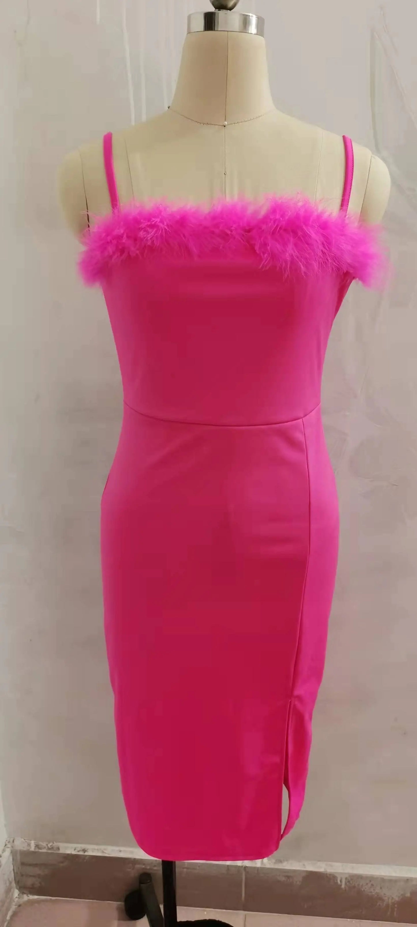 Sling Feather Trim High Slit Slim Fit Party Dress