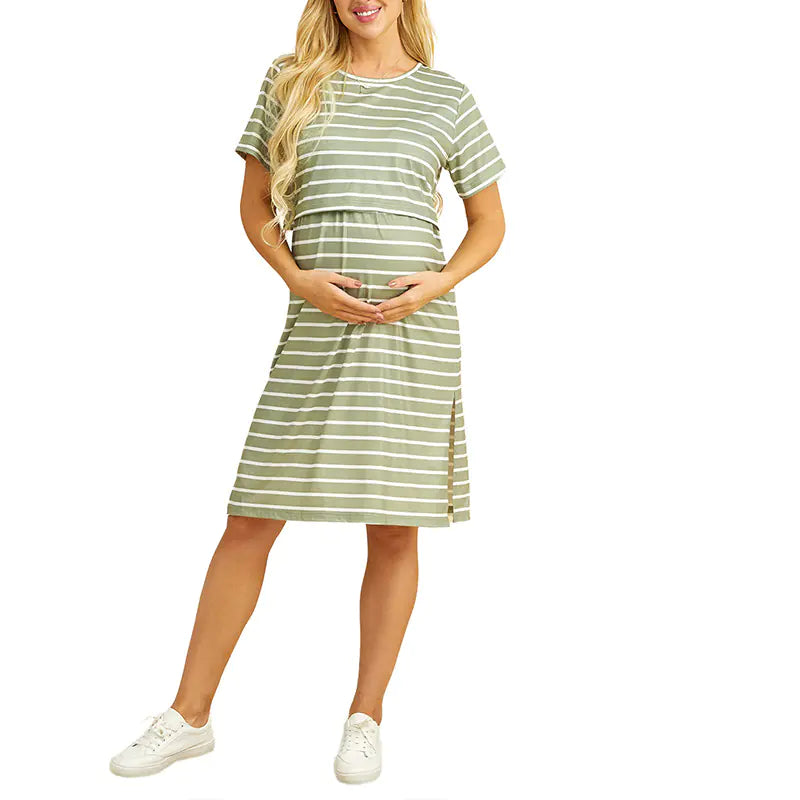 Maternity Nursing Short Sleeve Striped Summer Dress