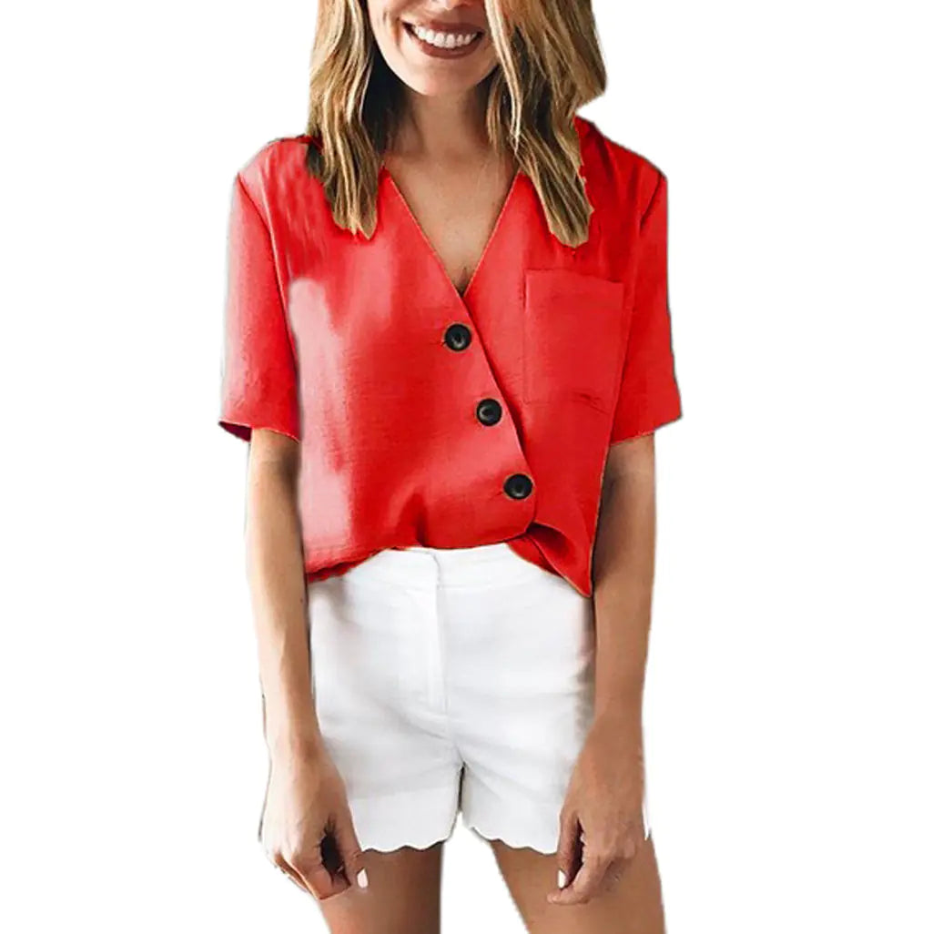 Irregular Pocket V-Neck Button-Up Shirt