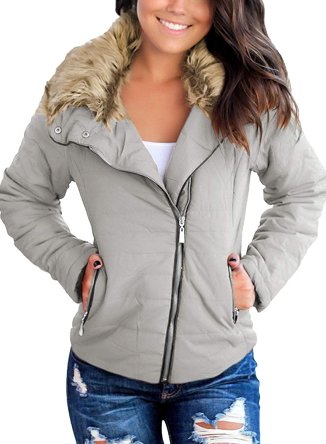 Women Parka Coat Pockets Quilted Puffer Jacket with Faux Fur Lapel, Size S-2XL
