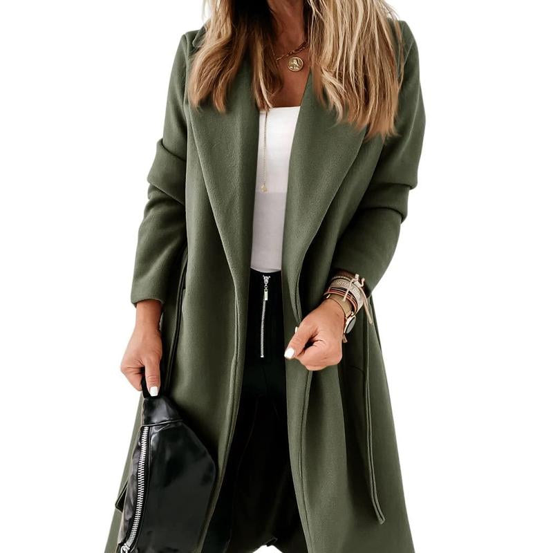 Imily Bela Womens Classic Coat Lapel Collar Open Front Belted Long Jacket M9S050