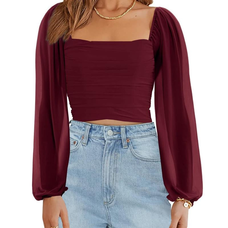 Tankaneo Women'S Summer Mesh Long Sleeve Tops Square Neck Ruched Party Club Casual Crop Blouse Shirt RP5408
