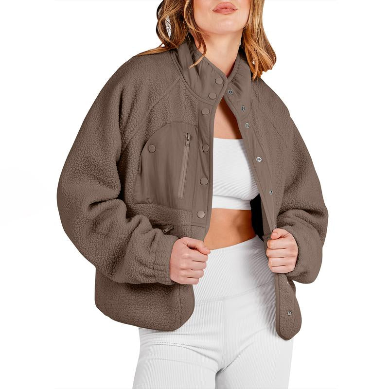 ANRABESS Womens Fleece Jacket Button down Shacket Casual Sherpa Cropped Coats Warm Outwear with Pockets