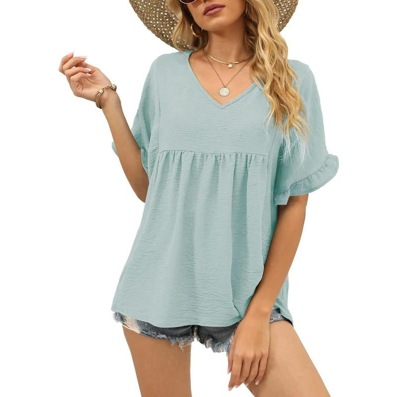 WIHOLL Womens Tops Casual V Neck Ruffle Sleeve T Shirts Babydoll Loose Fit Peplum Tops