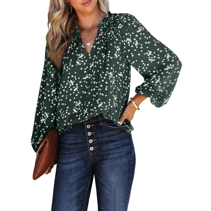 Dokotoo Women'S Casual V Neck Alicia Floral Print Smocked Long Sleeve Chiffon Blouses Bohemian Top Shirts