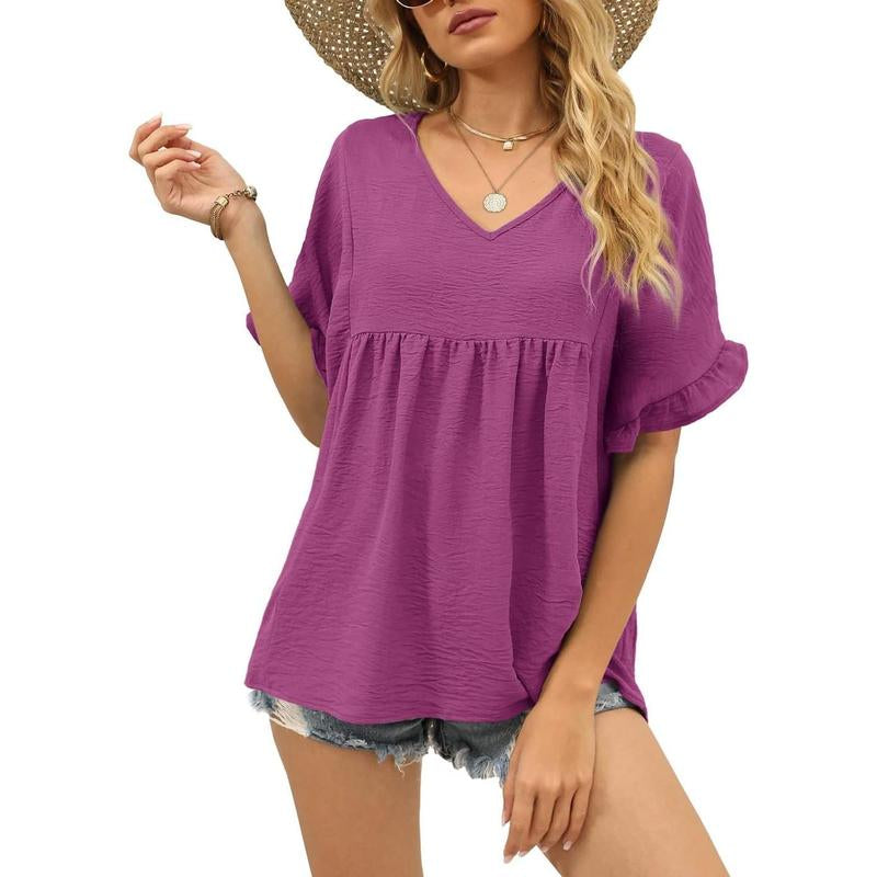 WIHOLL Womens Tops Casual V Neck Ruffle Sleeve T Shirts Babydoll Loose Fit Peplum Tops