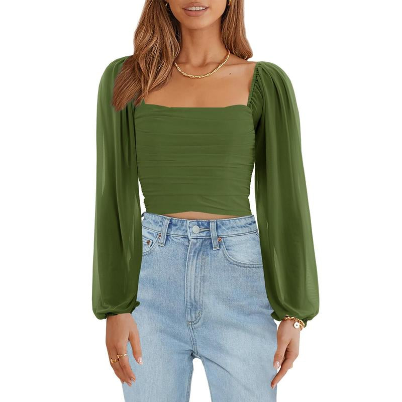 Tankaneo Women'S Summer Mesh Long Sleeve Tops Square Neck Ruched Party Club Casual Crop Blouse Shirt RP5408