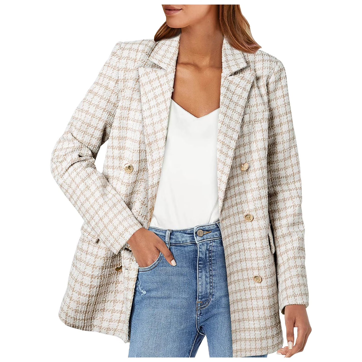Womens Tweed Blazers Casual Jackets Long Sleeve Double Open Front Plaid Blazer Jackets Work Suits(Pink,M)