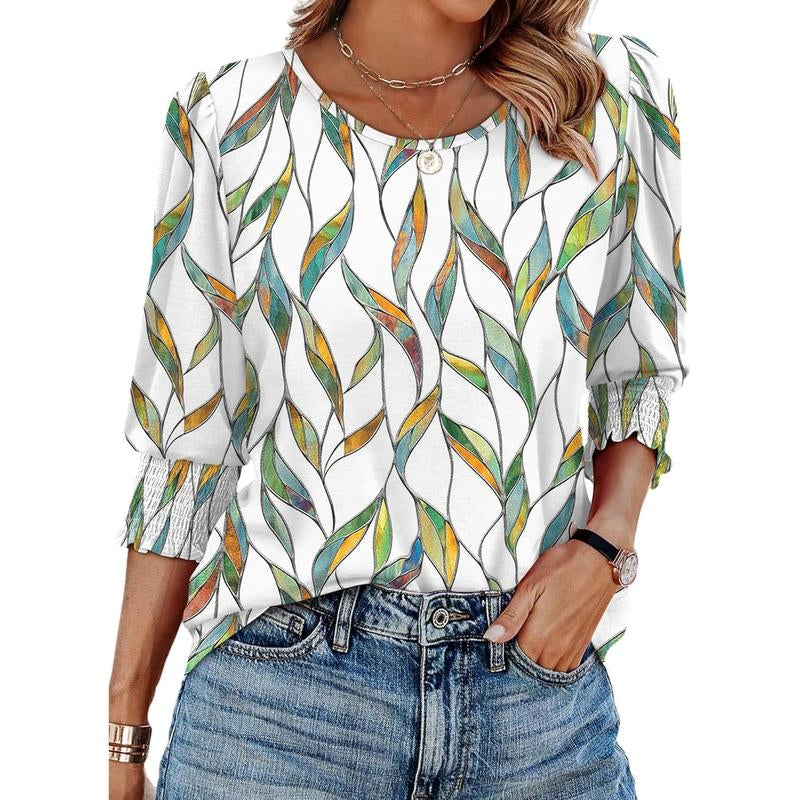 WIHOLL Blouses for Women Dressy Casual 3/4 Length Sleeve Womens Tops with Smocked Cuffs