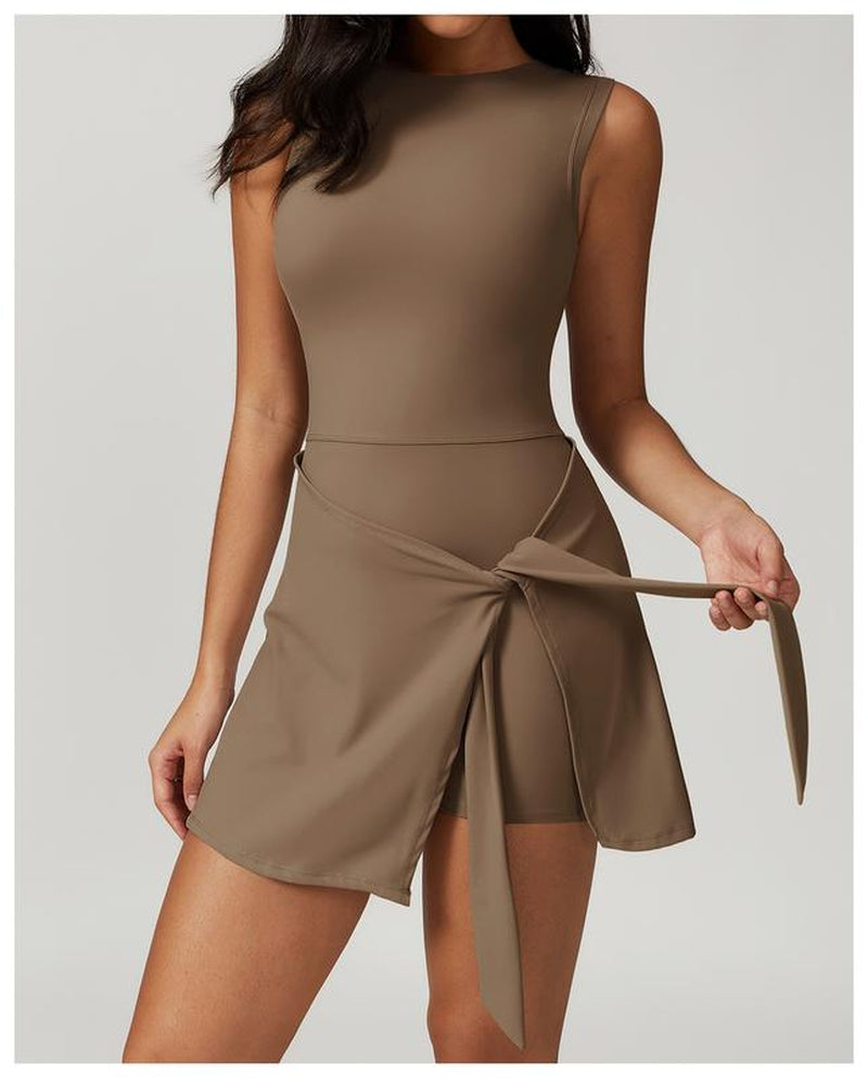 Women'S Tennis Dress with Built-In Shorts, Ruffle Side Slit and Tie Front Design - Sleeveless Athletic Dress for Summer Workouts Exercise Sport