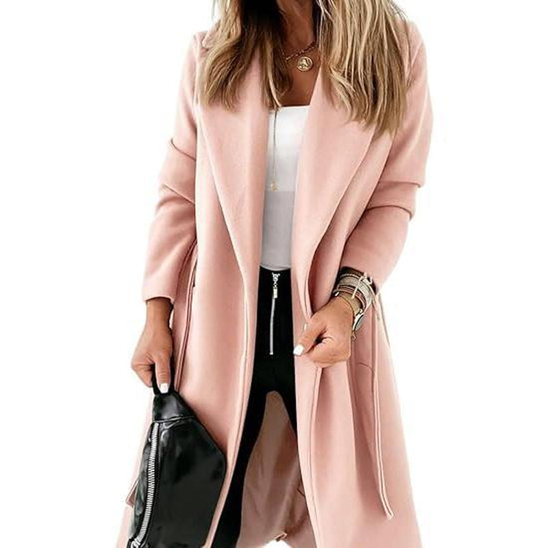 Imily Bela Womens Classic Coat Lapel Collar Open Front Belted Long Jacket M9S050