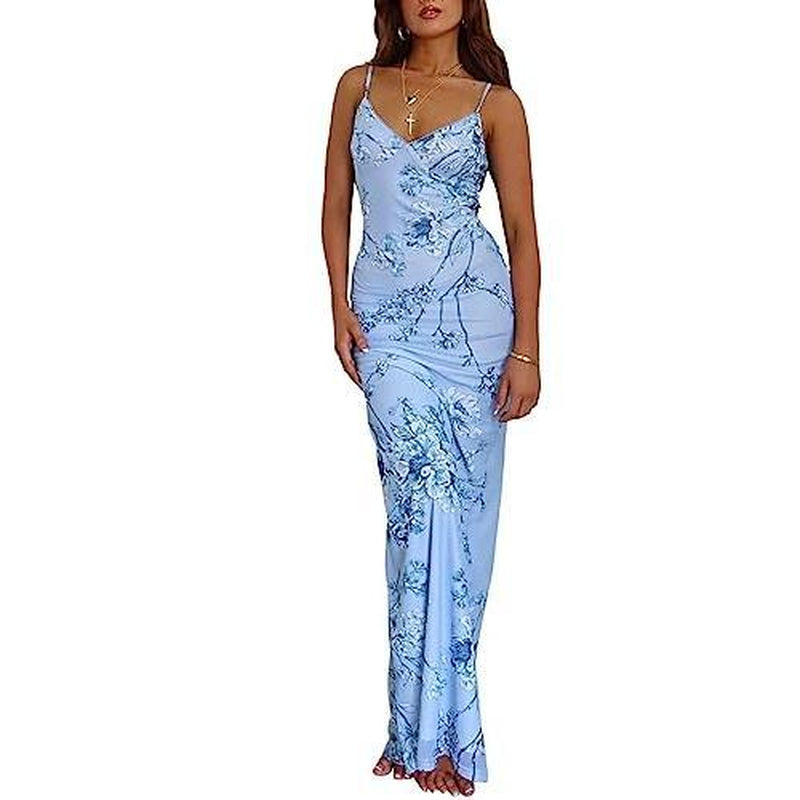 Womens Dress Dresses for Women Midi Dress Maxi Dress Mini Dress Women Vintage Spaghetti Strap Maxi Dress Sexy Low Cut Backless Floral Satin Slip Long Dress Y2K Cami Bodycon Dresses