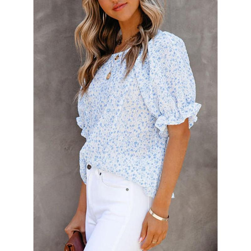 Dokotoo Floral Print Blouses for Women Crewneck Smocked Puff Sleeve Shirts Casual Babydoll Tops