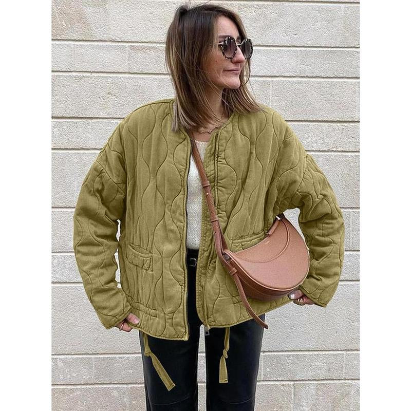 Womens Collarless Lightweight Quilted Jackets Casual Oversized Puffer Coats Zip up Drawstring Outerwe