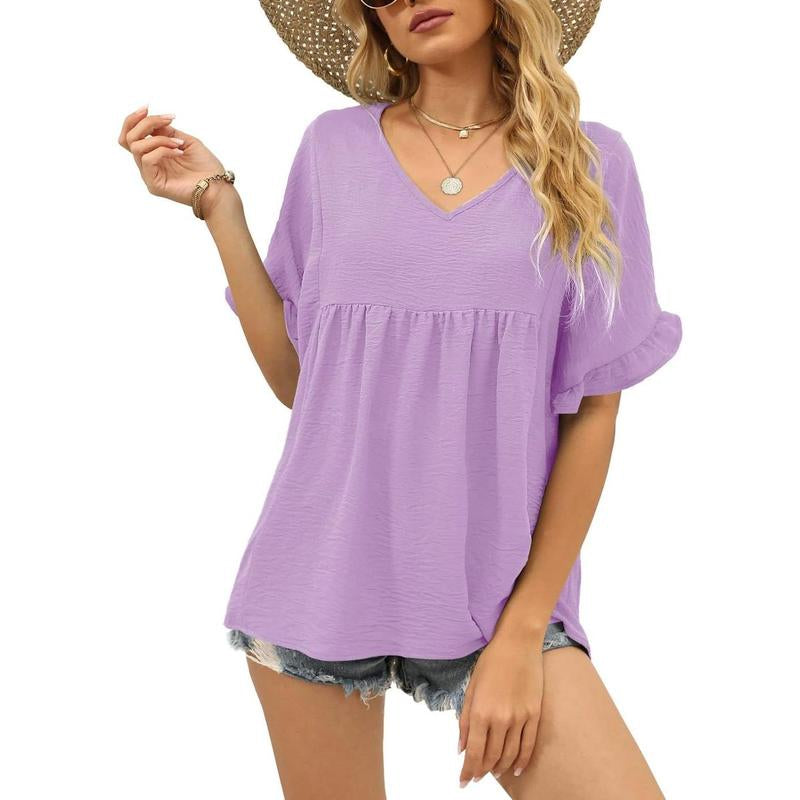 WIHOLL Womens Tops Casual V Neck Ruffle Sleeve T Shirts Babydoll Loose Fit Peplum Tops