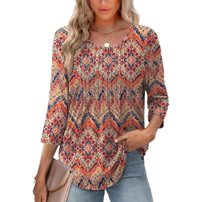 WIHOLL 3/4 Length Sleeve Womens Tops 2025 Crewneck Casual Pleated Tunic Tops Loose Fit Shirts Blouses Curved Hem